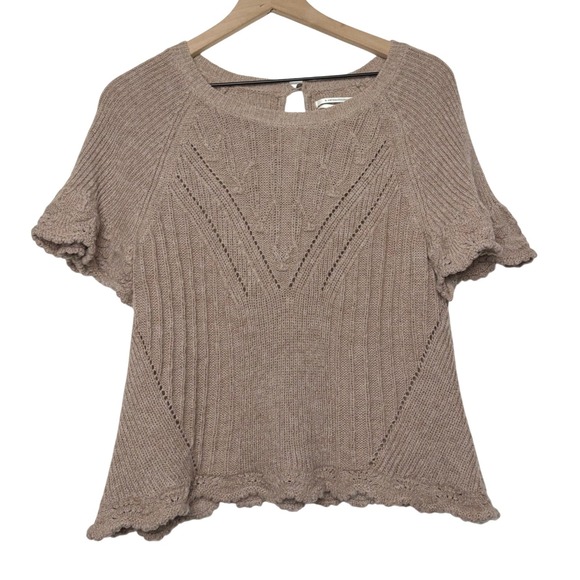 Anthropologie Taupe Brown Boho Cottagecore Knit Short Sleeve Scalloped Sweater L - Picture 2 of 10